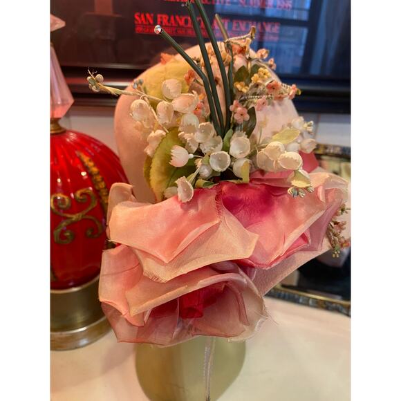 vintage 1970s pink cloche hat flowers roses flapper style 70s does 20s wide brim main image 4